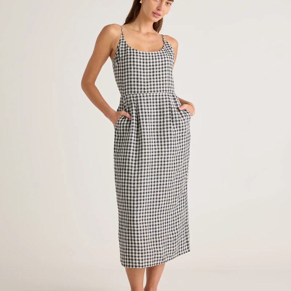 100% European Linen Scoop Neck Midi Dress size SM gingham